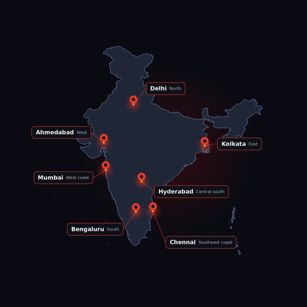 Map of India marking the seven host cities: Delhi in the north, Kolkata in the east, Mumbai and Ahmedabad in the west, Hyderabad in the central south, and Bengaluru and Chennai in the south.